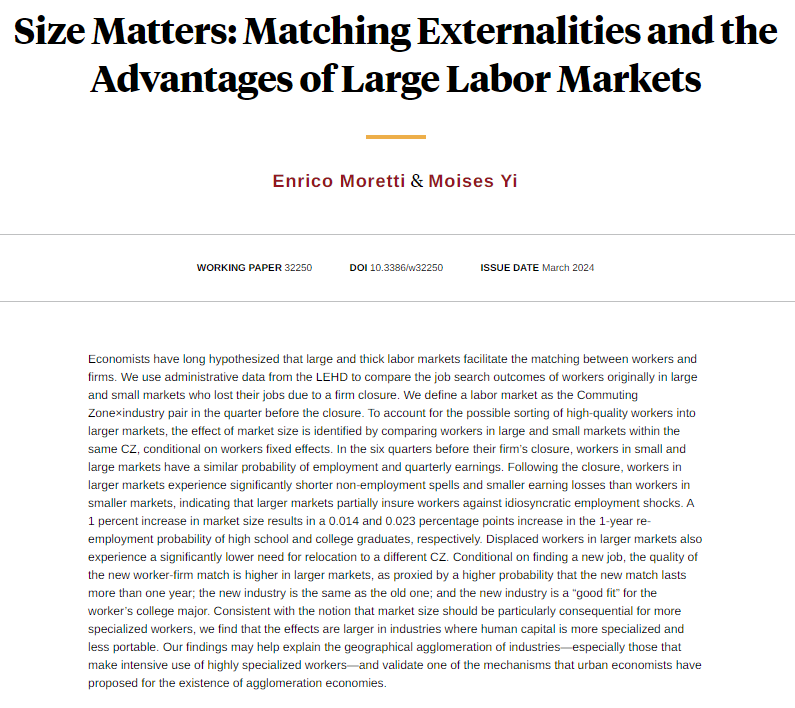 A comparison of job search outcomes of workers who lost their jobs in large and small markets due to firm closures finds that workers in larger markets experience shorter unemployment spells and smaller earning losses, from Enrico Moretti and <a href="/MoisesYi3/">Moises Yi</a> nber.org/papers/w32250