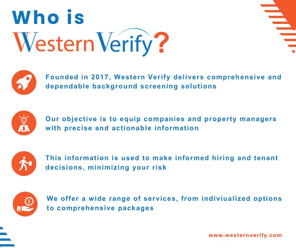 Who is Western Verify? Since 2017, we've delivered precise background screening solutions tailored to your needs.

Visit us today: westernverify.com 

#BackgroundScreening #HiringSolutions #RiskManagement