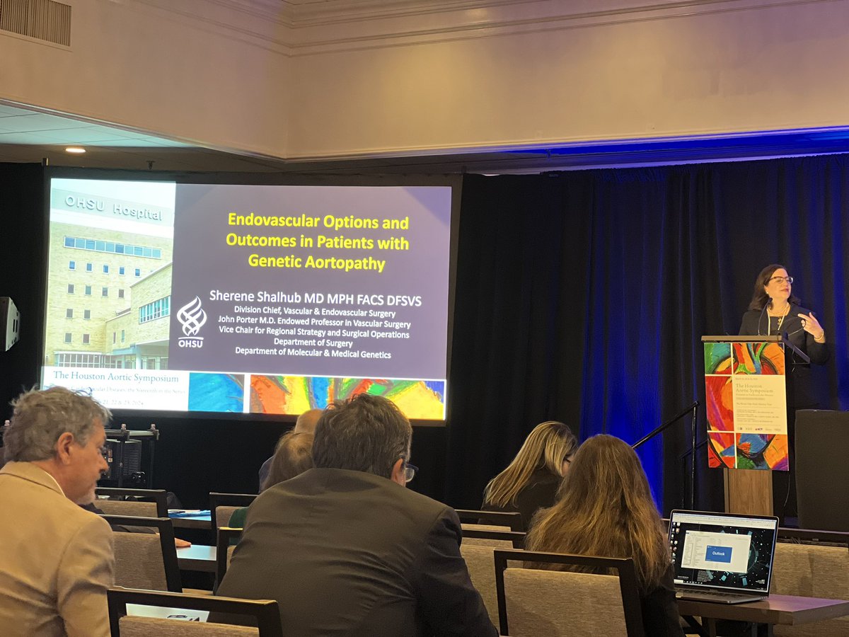 Excellent talk by Dr. @ShereneShalhub Endovascular Options and Outcomes in Patients with Genetic Aortopathies. We need to think outside the box and continue collaborating with industry partners for better suited innovations for this population. #HAS2024 @OHSUvascular
