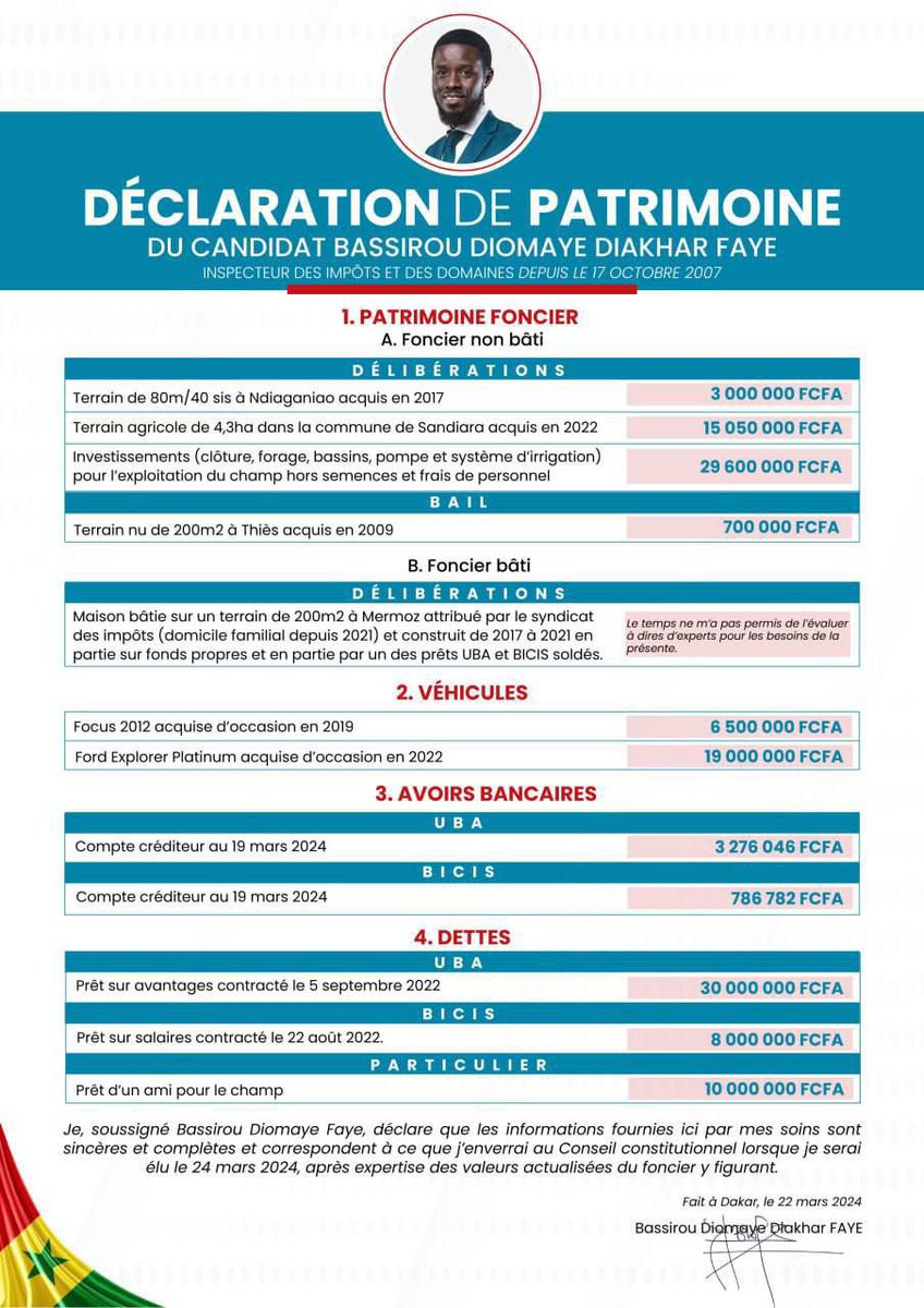Nath_Yamb's tweet photo. 🇸🇳 La déclaration de patrimoine du prochain président du Sénégal. #BassirouPrésident https://t.co/Q41Mm6wihW