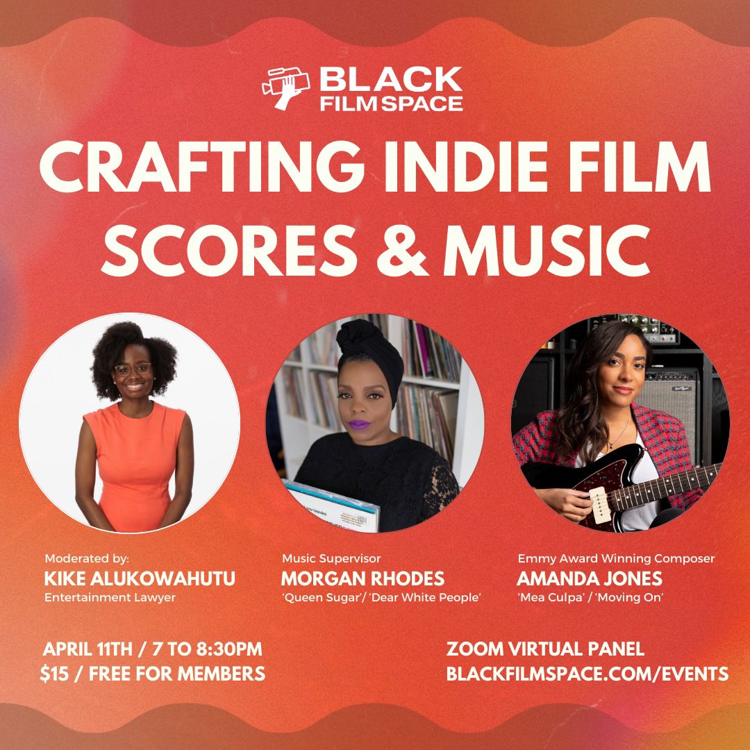 Black Film Space invites you to a panel discussion featuring Morgan Rhodes (Music Supervisor on ‘Queen Sugar’, ‘Dear White People’) and Amanda Jones (Composer on ‘Mea Culpa’, ‘Moving On’), moderated by Kike Aluko Wahutu, an entertainment lawyer. Tap our link in bio to RSVP.