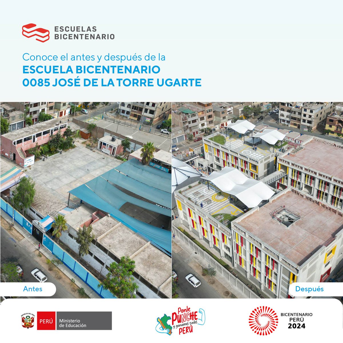 ebicentenariope's tweet photo. 🙌✅ ¡Conoce el antes y después de la IE 0085 José de la Torre Ugarte!
Más de 900 estudiantes del #ElAgustino ya gozan en una de nuestras #EscuelasBicentenario, dejando atrás aulas y ambientes antiguos.
Con @MineduPeru @Ugel05_oficial
#ConPunchePerú #ConstruyendoFuturo #BIAE https://t.co/zs8h9xg4mT