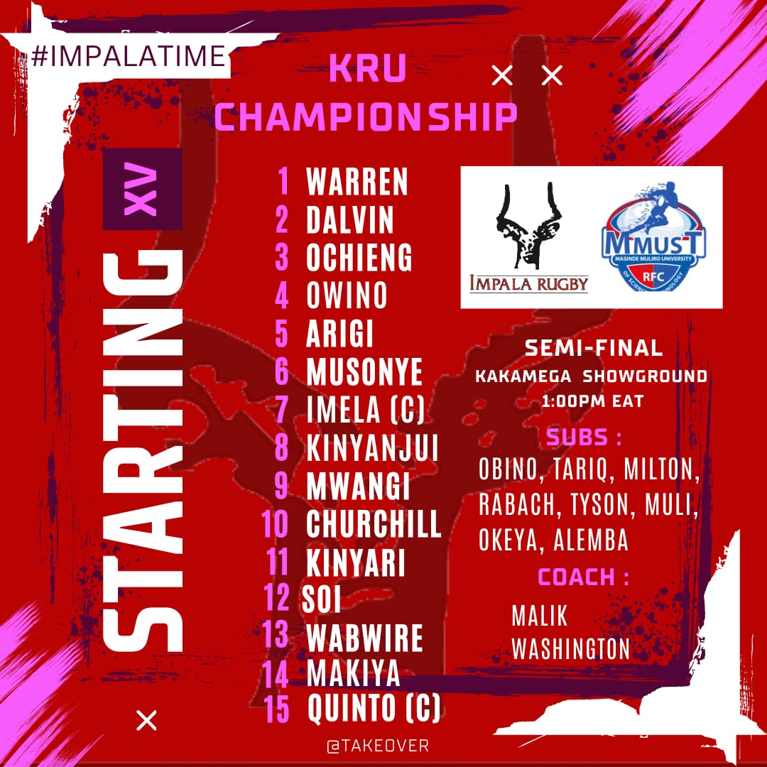 MATCHDAY SQUAD ◽ 📌 Gazelles are on an expedition in the forest and Co-Captains @imelavicktor & @quintoongo lead the team with a chance of glory in the form of Kenya Cup promotion. ⚡ Let's support the lads as they represent the Mighty Impala. #ComeOnYouImpala #impalatime