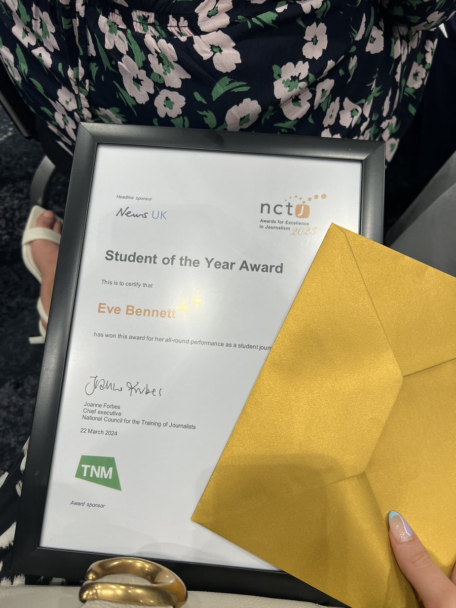 Really honoured to win the @NCTJ_news Student Of The Year award! Thanks so much to @NewsAssociates for all your help and guidance, and to @SkyNews for taking me on as a freshly qualified journalist! 😊📝🏆