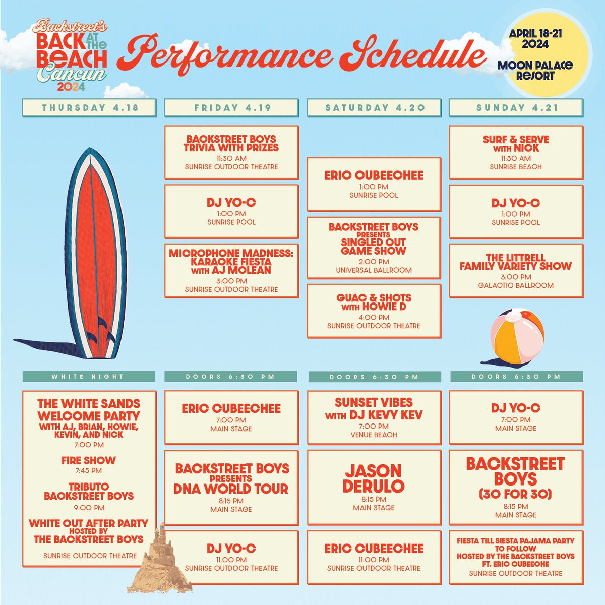 backstreetboys's tweet photo. You asked for it, and here it is… the official schedule for #BSBAtTheBeach! We’re getting ready for the weekend of a lifetime, and we can’t wait to see all of you there. Which event are you most excited for? 🏖️👇 https://t.co/Vz3CLOkOwb