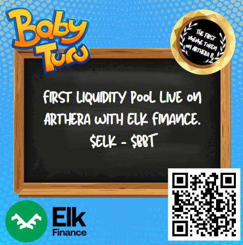 BabyTuruNFT's tweet photo. Exciting news for BabyTuru ๐ฅ
The first liquidity pair on @artherachain DEX has been launched thanks to our collaboration with @elk_finance ๐ค๐ช
$ELK - $BBT pair now live and ready for trading ๐ธ
https://t.co/VchWBz2Zba
#BabyTuru #ElkFinance #Arthera #meme #crypto #Multichain https://t.co/OmdxWjQwpD