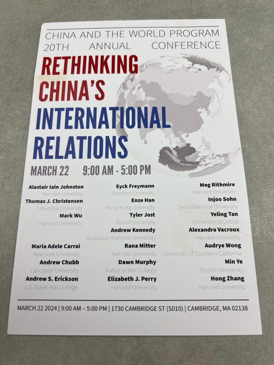 AndrewSErickson's tweet photo. Honored to present at @CWPColumbia-@FairbankCenter conference @Harvard today: 

"Rethinking #China's International Relations: China and the World Program 20th Annual Conference"

https://t.co/RiN0ufhBp4

Great to hear insights from so many fellow alums of this vibrant program!

@dan_suchenski/@yanbennett/@jcanfil/@adele_carrai/@stephaniechar/@ChongJaIan/@zhubochubo/@eyckfreymann/@ronantfu/@CourtneyFung/@EnzeHan/@tcjost/@IBKardon/@andybkennedy/@AnatolKlass/@AK_Alanna/@Christinaryl/@wendyleutert/@nujoaixil/@AdamPLiff/@ZongyuanZoeLiu/@LucieLu_az/@john_d_minnich/@sabinemokry/@DawnMurphyChina/@pu_xiaoyu/@YelingT/@ayumi_teraoka/@xiaonanwang21/@audryewong/@BeltBeyond/@williamyuenyee/@ChengzhiYin/@StellaHongZhang/@BoliangZhu