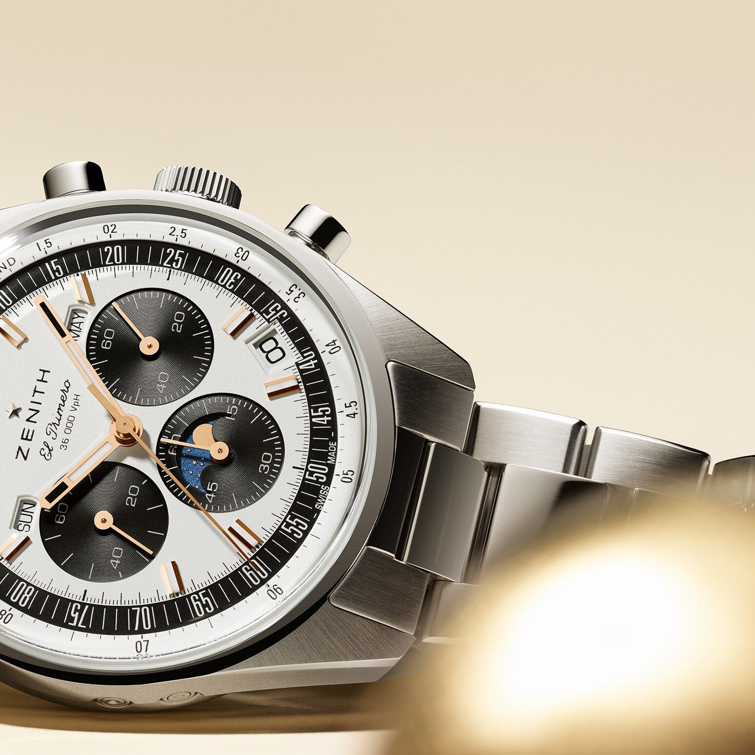 Ace Jewelers on X: "IN STOCK - Zenith Chronomaster Original Triple Calendar.  Crafted in a 38mm steel case with steel bracelet, paired with a  silvery-white “panda” dial displaying the day, date, month