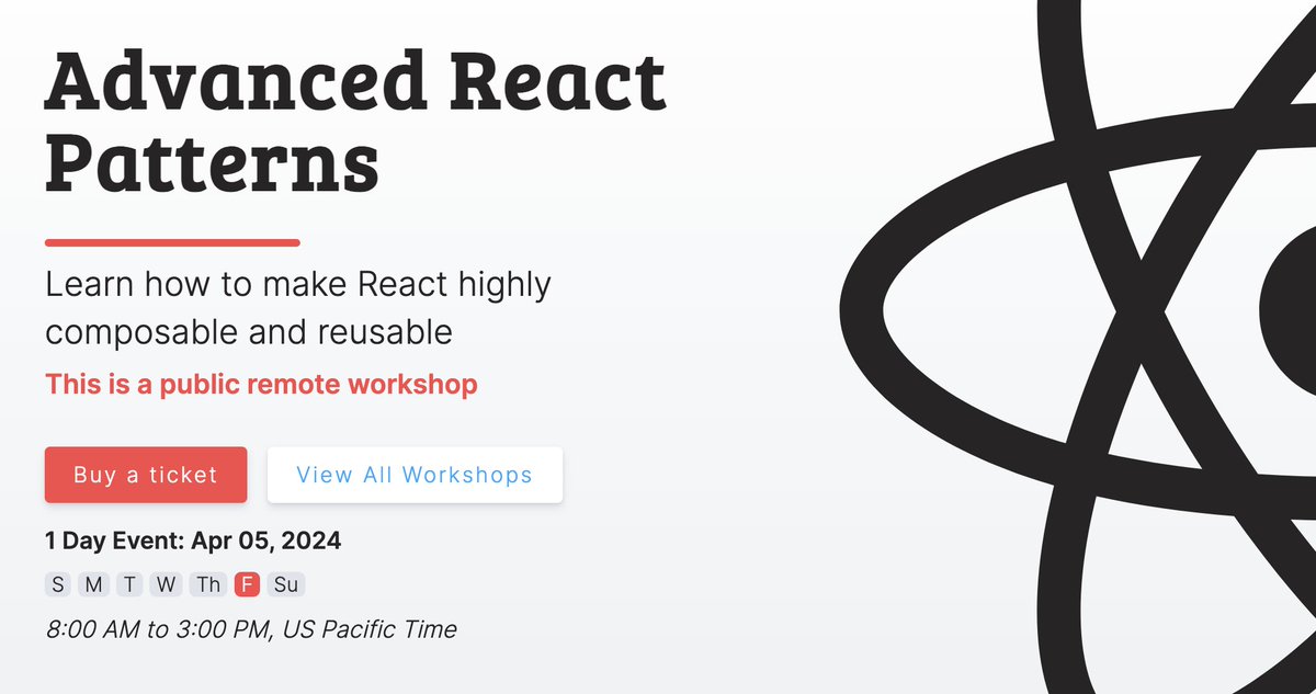 Want to attend Advanced React Patterns on April 5th? We still have some deals on our site. Link in comments... We also have some Core workshops that lead up to advanced topics next week. Check our schedule in bio