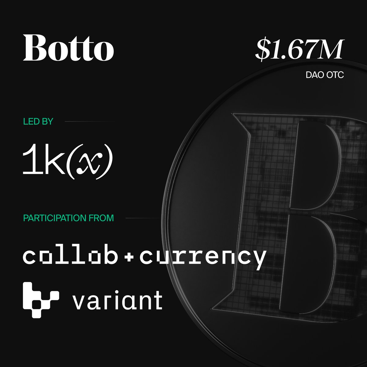 BottoDAO is thrilled to announce a $1.67M raise through treasury OTC transactions, led by @1kxnetwork, with @Collab_Currency and @VariantFund participating. This marks a significant step in @bottoproject's journey.