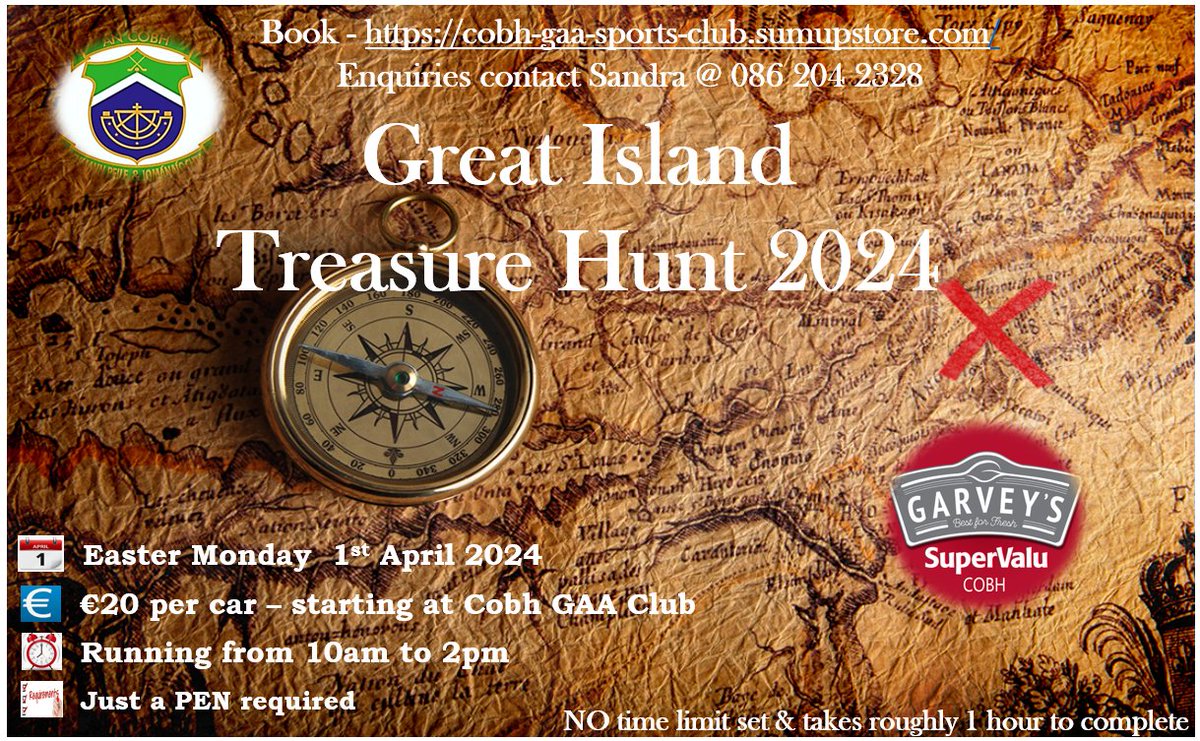 OfficialCobhGAA's tweet photo. Cobh GAA are hosting a Treasure Hunt
Easter Monday from 10am to 2pm
Times slots available at https://t.co/UbmJbJCWsM
Contact Sandra @ 086 204 2328
#followers
@cobhnews
@CobhEdition 
@cobhpiratesrfc 
@cobh_gymnastics_club
@BallymoreCobhAC 
@cobhbasketball
@cobhramblersfc https://t.co/fiO5qg7Zjo