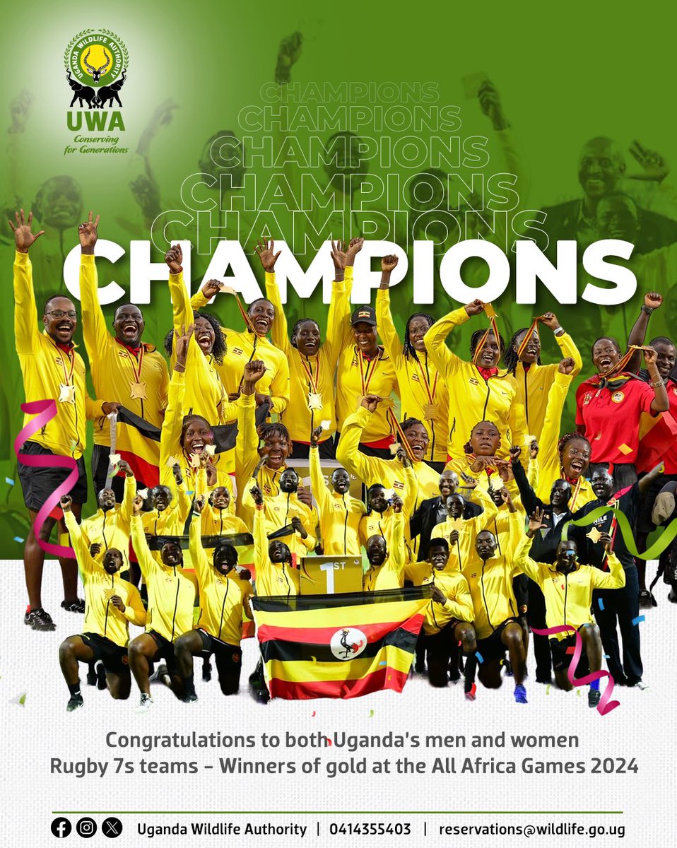 ugwildlife's tweet photo. Champions of Africa!

Congratulations to Uganda’s Rugby 7s 🏉 both the Men and Women’s  teams upon winning 🥇 gold at the All Africa Games in Ghana. Thanks for flying our flag high.

Many of them have in the past also taken part in the Wildlife Ranger Challenge. #AllAfricanGames https://t.co/OzqTDEikdv