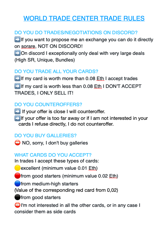 WorldTrdSorare's tweet photo. Hi guys, I have created a list of rules to make it easier for you to propose trades to me. I hope you appreciate it😉 ⬇️⬇️⬇️⬇️⬇️⬇️⬇️⬇️ https://t.co/KdwxkOsMYx