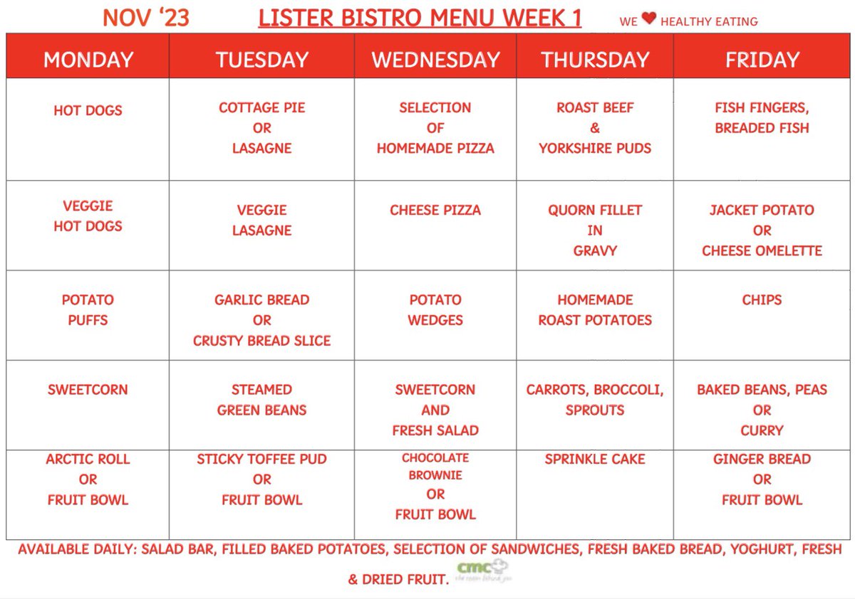 Lunch menu for week beginning 25.3.24 is ‘Week 1’