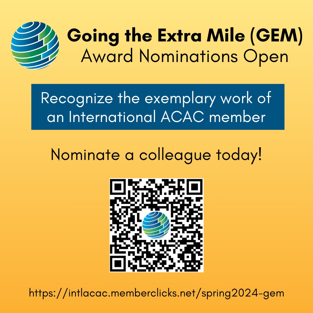 IntlACAC's tweet image. Nominations are now open for the Spring 2024 GEM Award! Submit the form to nominate a colleague for Going the Extra Mile. intlacac.memberclicks.net/spring2024-gem