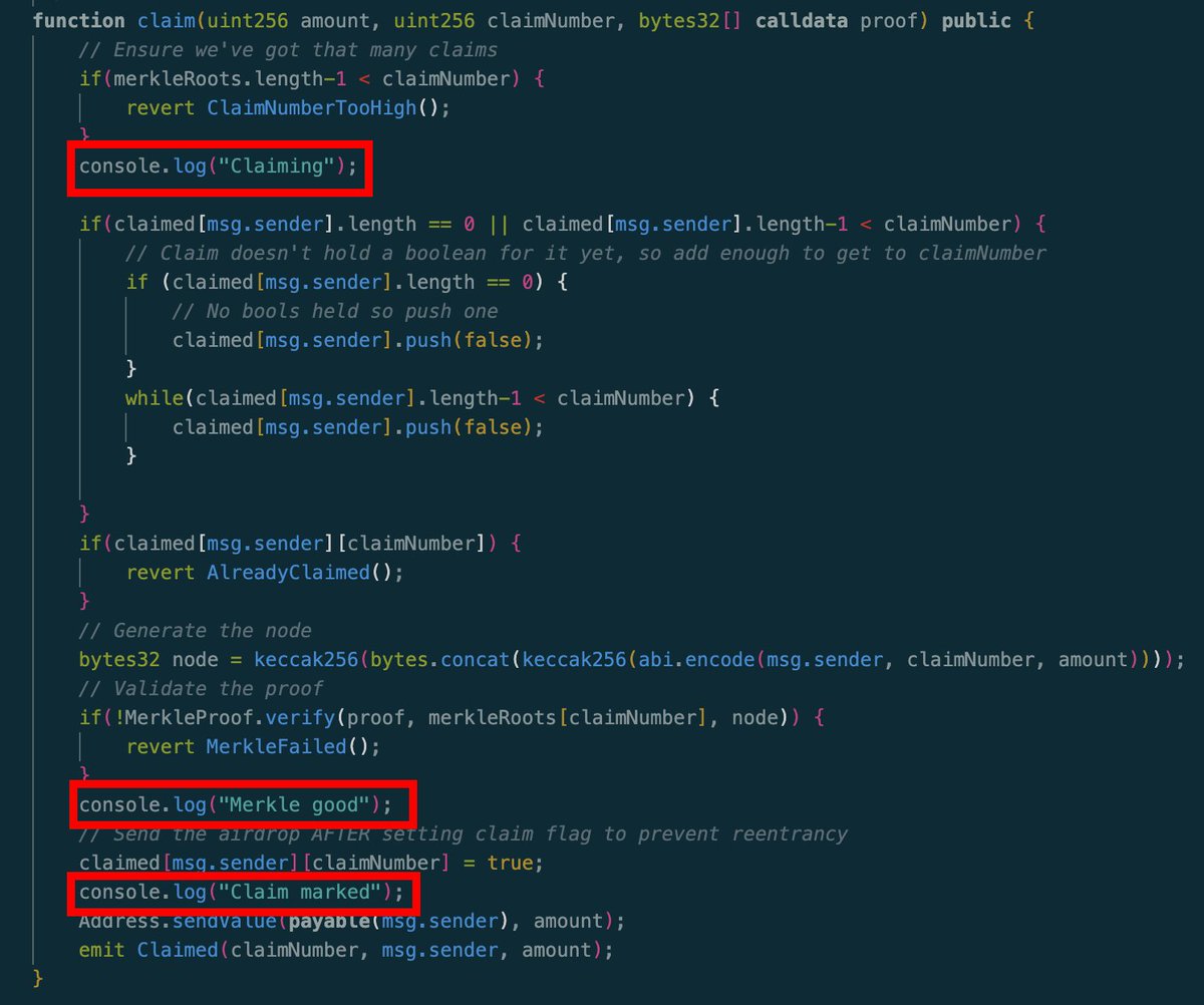 PopPunkOnChain's tweet image. I am once again here to ask you to:

PLEASE REMOVE YOUR CONSOLE.LOG STATEMENTS BEFORE YOU DEPLOY YOUR SMART CONTRACTS.

It is not free to do. It costs gas.

When you console.log in a contract it makes an external view function call to 0x000000000000000000636F6e736F6c652e6c6f67