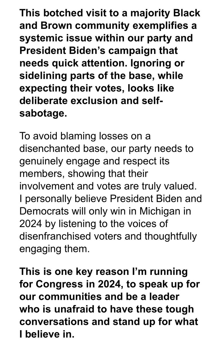 Democratic congressional candidate @PamelaPughMI sends out a fundraising email with the subject line “I’m angered by President Biden’s campaign visit to my hometown of Saginaw, MI - here's why,” citing @Cappelletti7’s reporting.