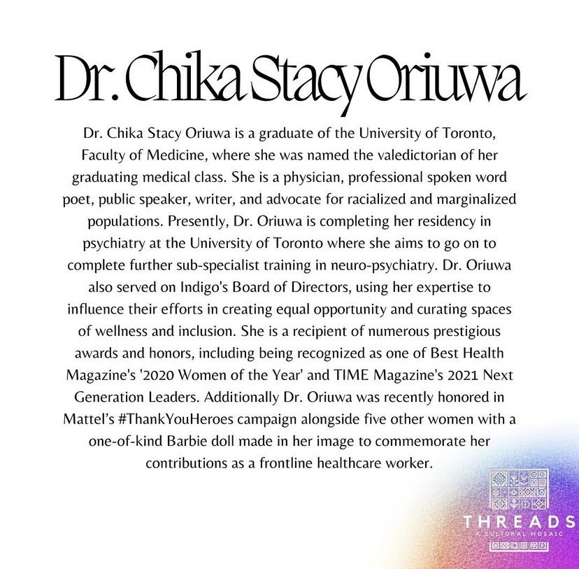 We're BEYOND honoured to announce that Dr. <a href="/drchikaoriuwa/">Chika Stacy Oriuwa</a> will be joining Threads on May 12 to deliver a powerful talk/poetry reading touching on representation &amp; her own journey in medicine 🙌🏾

Register: linktr.ee/threads.uoft

Reminder that our proceeds will be donated to <a href="/MSF/">MSF International</a>