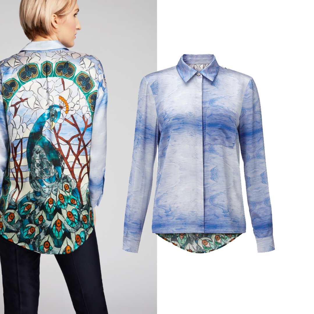 Blue skies all spring and summer long please 🌞🌤️. Our oversized boyfriend silk satin shirt with blue sky print on the front and peacock print on the back and made of 100% silk satin is luxurious to the touch and designed for comfort!