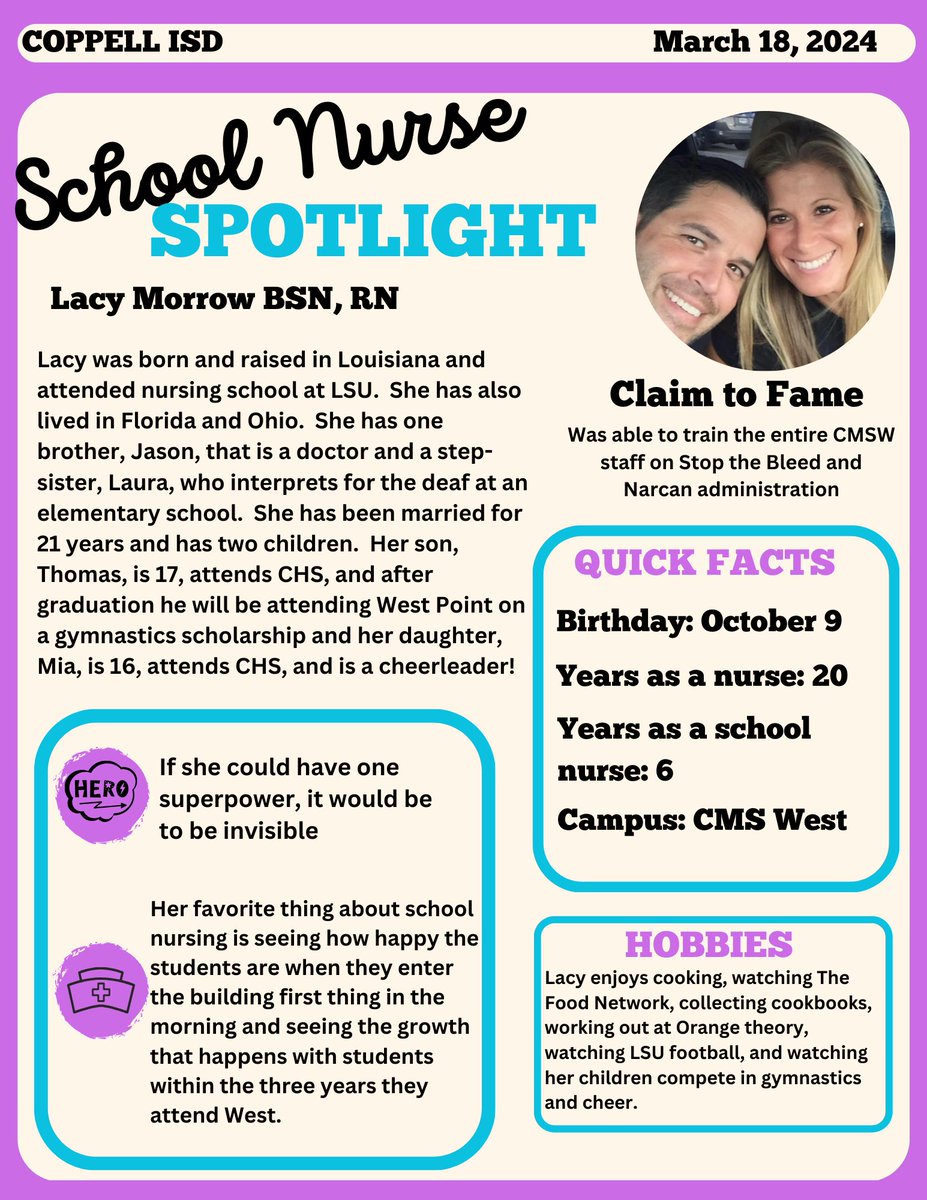 CISDHealth's tweet photo. This week's School Nurse Spotlight showcases Lacy Morrow at Coppell Middle School West! #CISDmissionpossible #CISDHealthServices @CMSWestWrangler https://t.co/YmXNpZI4gA