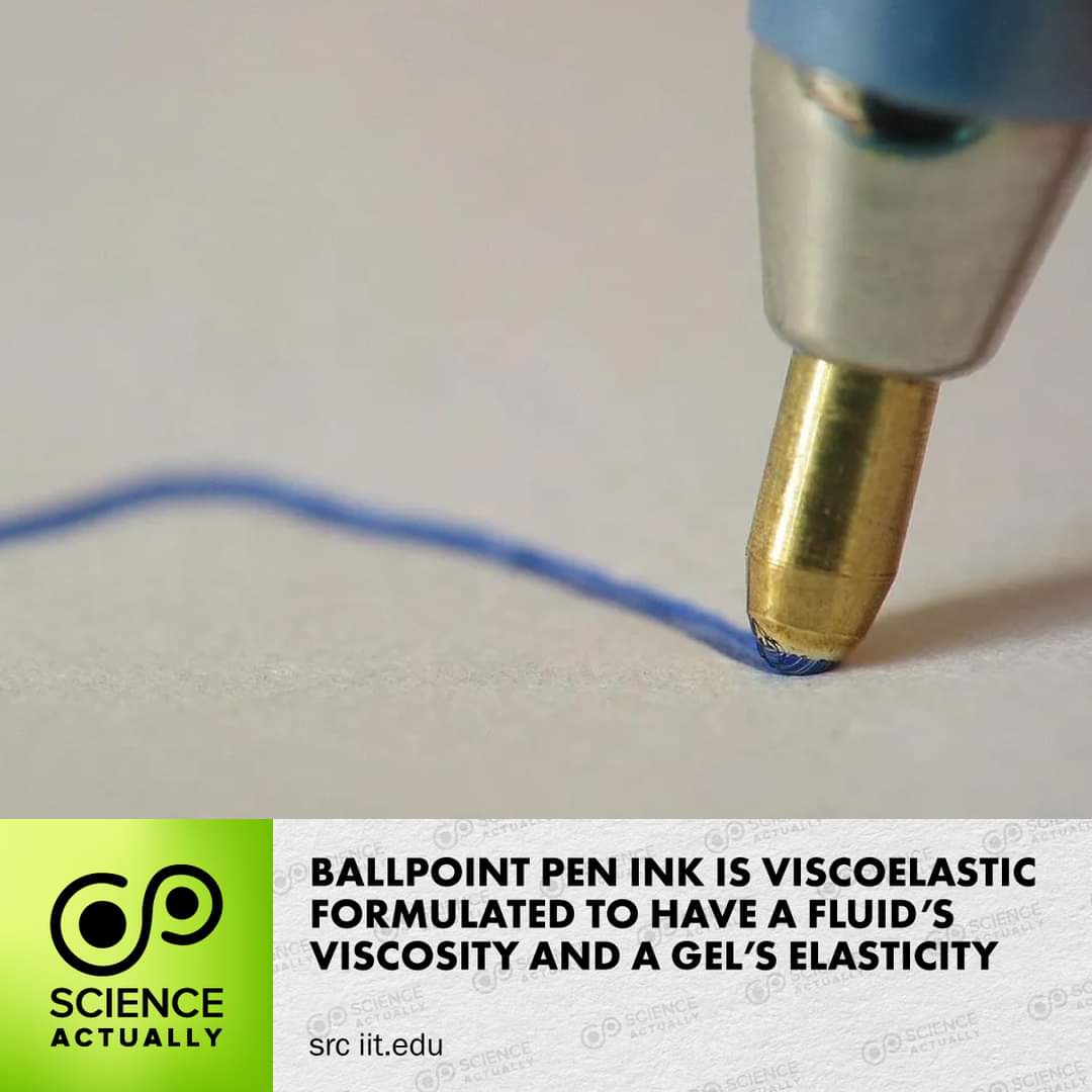 Ballpoint pen ink is a non-Newtonian, viscoelastic fluid - formulated to have a fluid's viscosity and a gel's elasticity.

#science #sciencefacts #ballpointpen #viscoelastic #viscoelasticity #ink #nonnewtonian