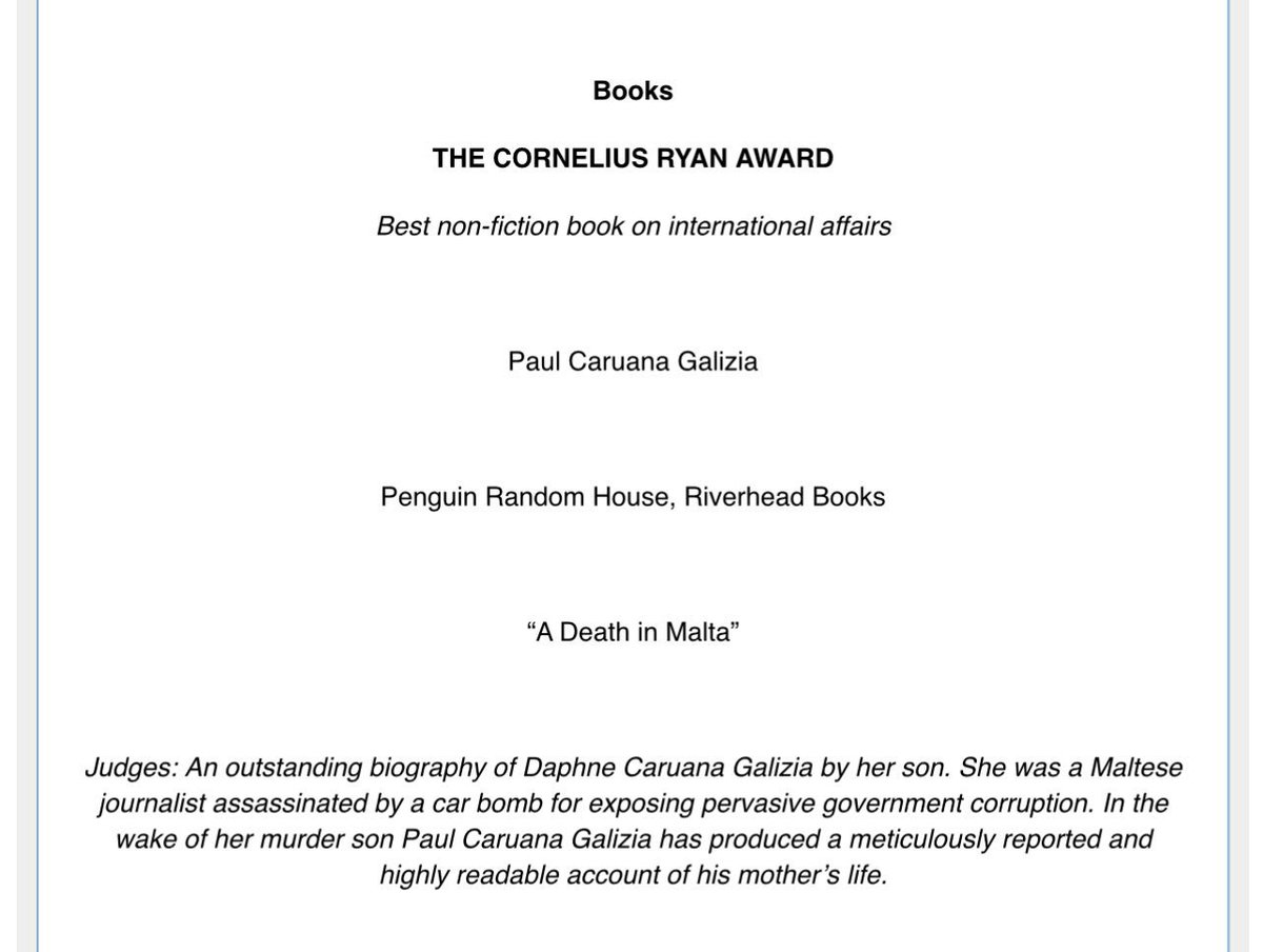 Honoured that 'A Death in Malta' has won the Overseas Press Club of America’s Cornelius Ryan Award for the best nonfiction book on international affairs. #OPCAwards85