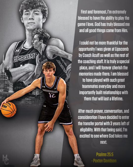 Beyond thankful and blessed for my time at Lipscomb! Thank you to the Coaches and everyone who made it a special place. After much consideration and prayer I have decided to enter the transfer portal!