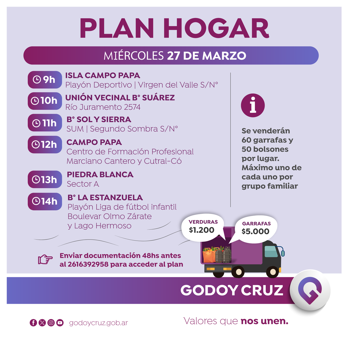 MuniGodoyCruz's tweet photo. ✅ El programa #PlanHogarGC continúa su recorrido. Vecinos/as pueden acceder a garrafas y bolsones de verduras a precios accesibles.
📲 Conocé el cronograma completo: https://t.co/micEbk8HaT https://t.co/JZCoAGKgEz