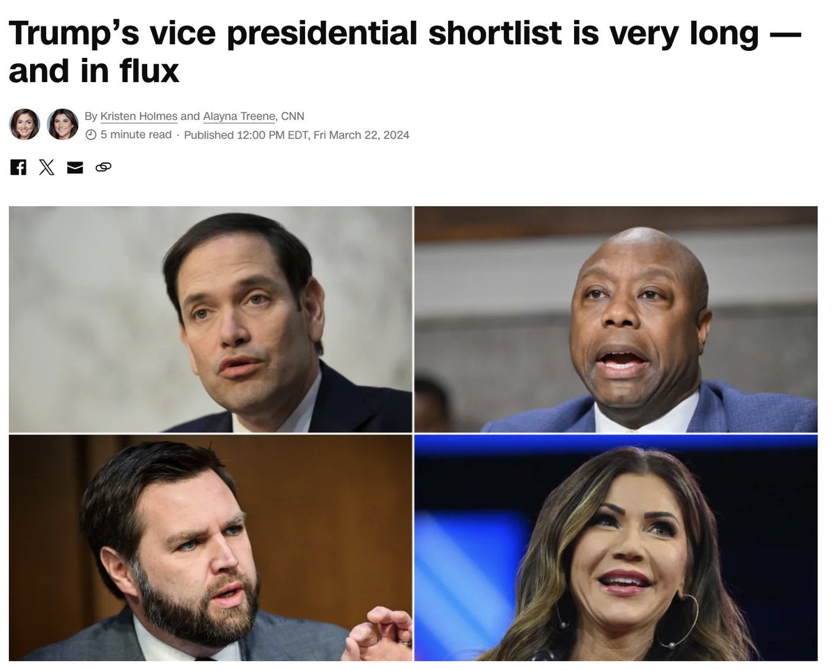 New w/ @KristenhCNN: The Trump campaign has compiled a list of more than a dozen potential VP picks to be vetted Trump has indicated privately that he will announce a VP pick in the early summer before the Republican convention cnn.com/2024/03/22/pol…
