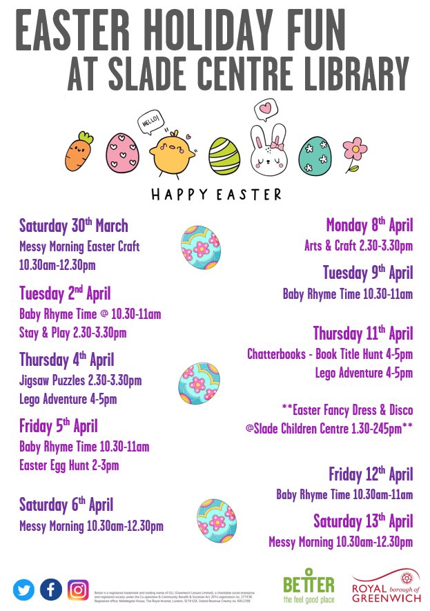 GreenwichLibs's tweet image. Join the fun at #SladeLibrary for some #EasterHolidayFun! 🖍️ 🐣 We’ve got lots of fun + free sessions including Lego adventures, an Easter egg hunt, Chatterbooks, a dress up disco, jigsaw puzzles, crafts, family fun days and more! 📚 #LoveYourLibrary