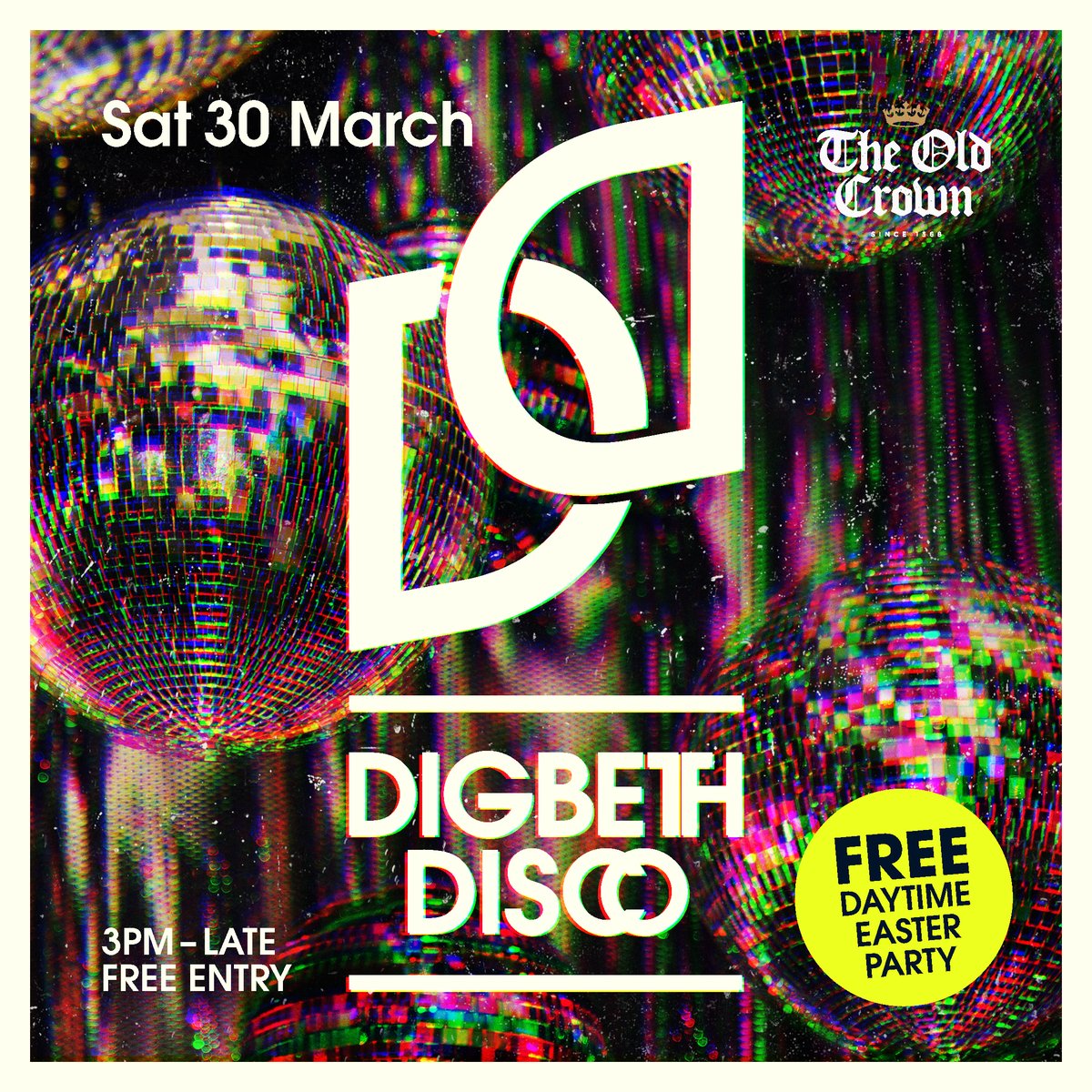 Just over a week to go until our DIGBETH EASTER DISCO💃 There ain't no party like an Old Crown party, so get your flares out and join us on the dance floor on Saturday 30th March🪩 And the best part? It's FREE ENTRY! Reserve your spot today over at bit.ly/digbetheasterd…
