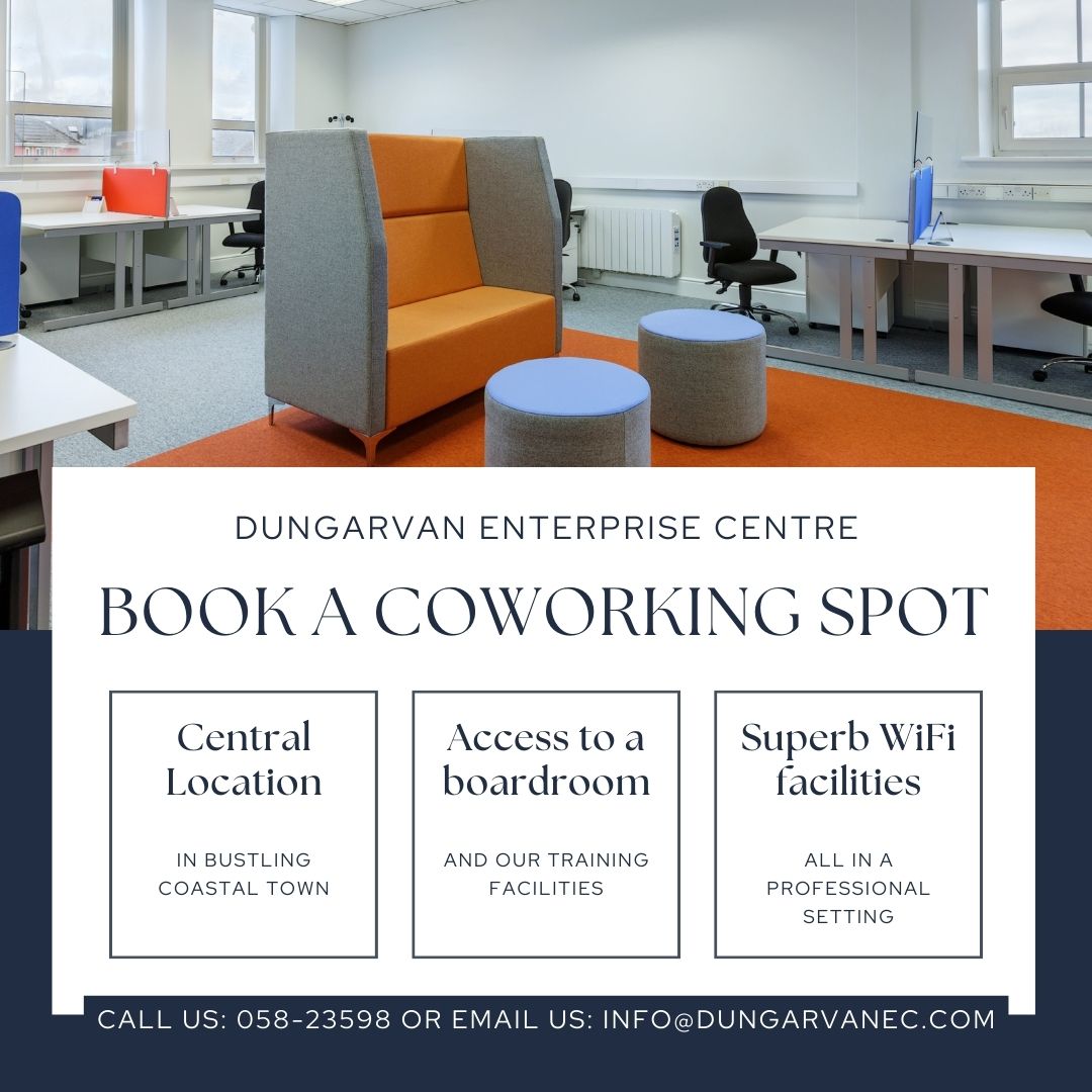 📌If you're looking to try co-working get in touch!
☎ Call us: 058-23598 or
✉ Email us: info@dungarvanec.com

#dungarvan #coworking #waterfordgreenway #OfficeSpace #hotdesking #officelife #remoteworkers #remoteoffices #abbeyside #enterpriseireland #connectedhubs