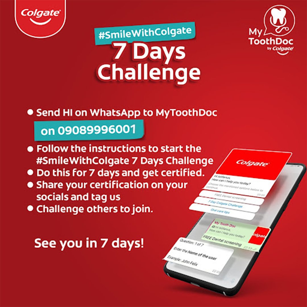 colgate_ng's tweet image. 5k worth of prizes up for grabs!!!

Join the 7-day challenge with MyToothDoc to assess your oral health status and earn a prize.

Here’s How:
- Send HI on WhatsApp to MyToothDoc on 09089996001 😊😊
- Follow the instructions to start the #SmileWithColgate challenge
- Do this for 7