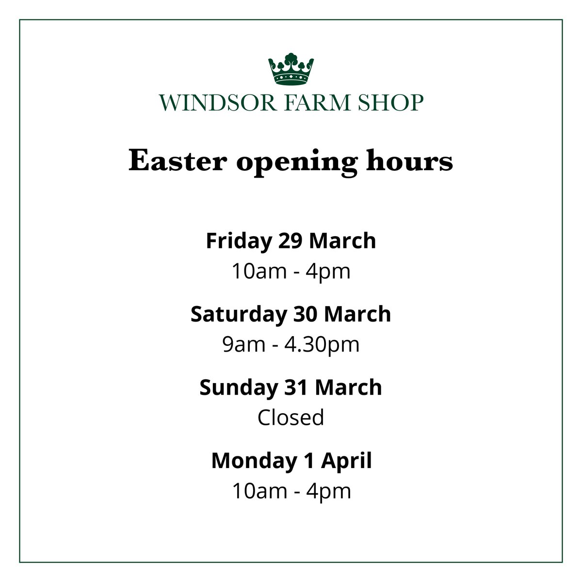 WindsorFarmShop's tweet photo. With the Easter Bank Holiday quickly approaching, please note our opening hours for the Windsor Farm Shop and Windsor Farm Shop Café. We look forward to welcoming you. https://t.co/bJgJUpqXT2