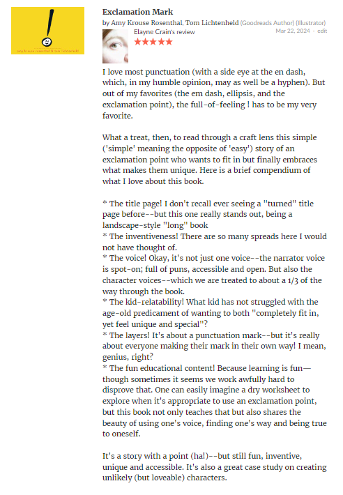 Today's #ChewyReviewy is 'Exclamation Mark' (or should I say, '!') by @missamykr and @tlichtenheld.
A fun, inventive, unique, and accessible story with a point (ha!).
Online review on Amazon & Goodreads!
#kidlit #bookrecs #pb #heart #humor
goodreads.com/book/show/1581…