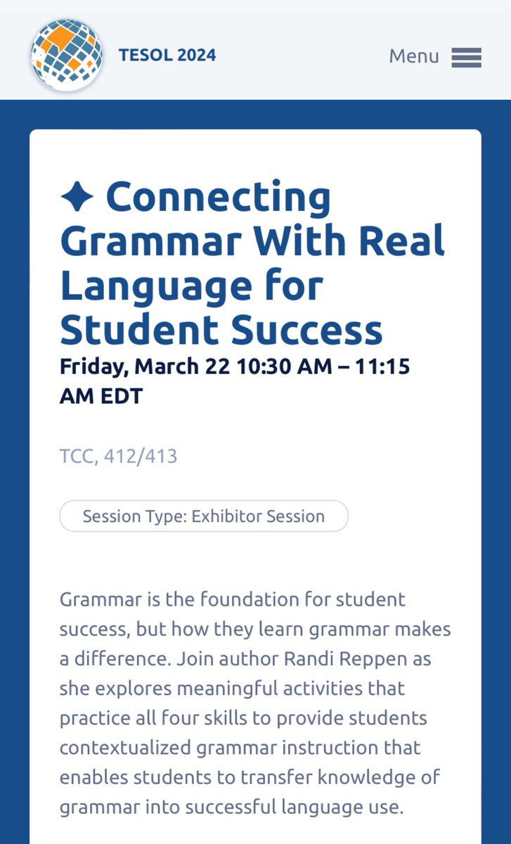 Thank you #RandiReppen ⁦@NAU⁩ for the great session! @TESOL2024 ⁦@TESOL_Assn⁩