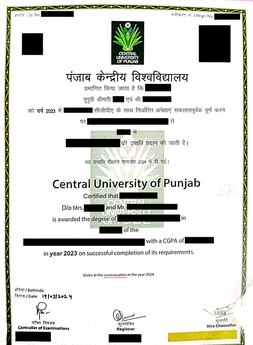 VP_Sanu's tweet photo. The Central University of Punjab awarded their degree certificates for the year 2024 with a misspelling of 'convocation'.

The admin should immediately rectify this embarrassing error to ensure the credibility of our graduates on the job market. https://t.co/JFUEdUk9xd