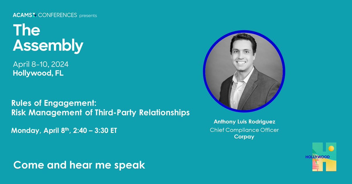 Corpay's Anthony Rodriguez will be speaking about the “Rules of Engagement: Risk Management of Third-Party Relationships ” at the 2024 #ACAMSHollywood Conference. The discussion starts April 8th at 2:40 PM. Read more about the event here: buff.ly/3PwQILF