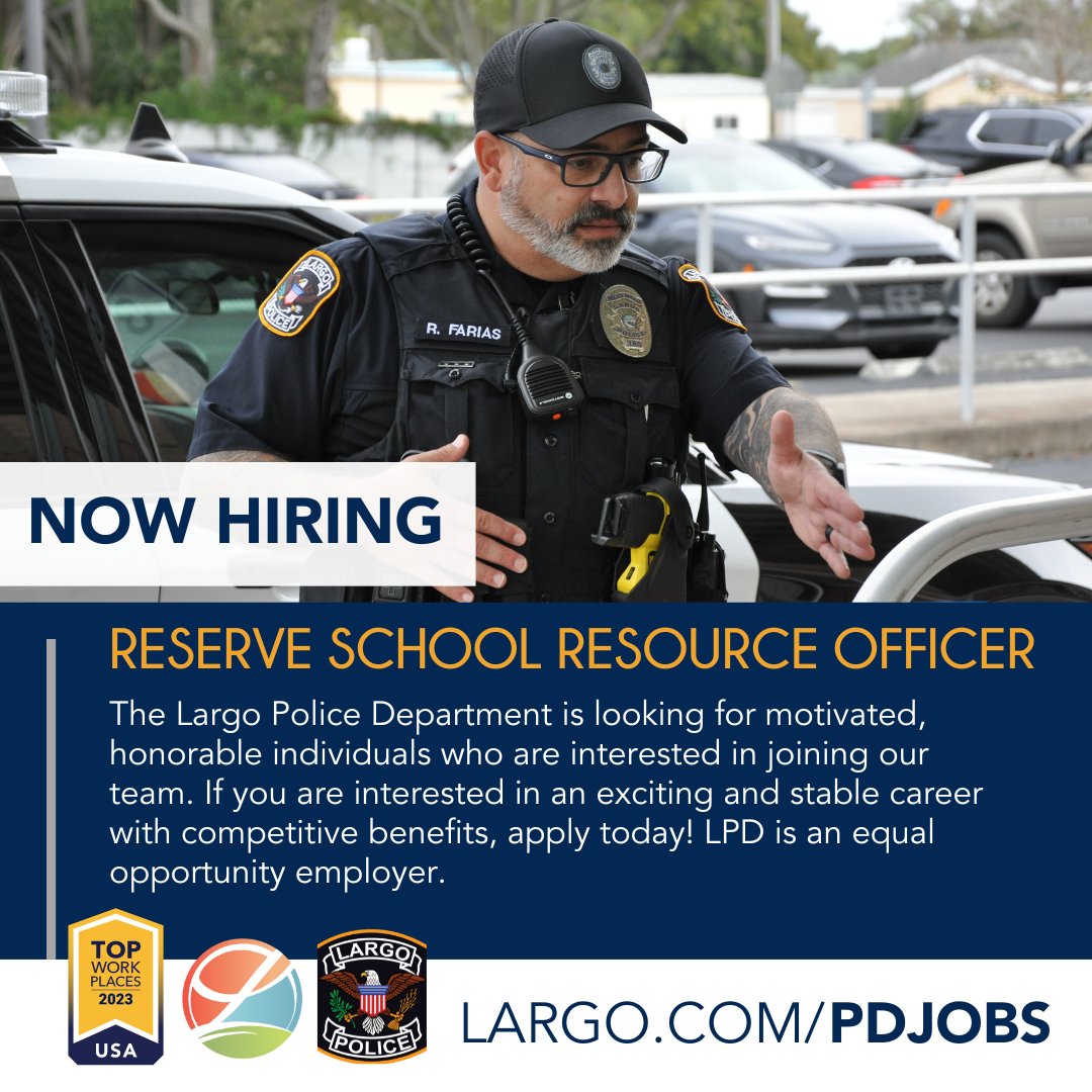 🚨 JOB ALERT 🚨 Are you about to retire from law enforcement but not ready to hang up your hat just yet?! LPD is looking for a Reserve School Resource Officer to join our team! Enjoy school hours with all school holidays and summers off! Apply today at Largo.com/Jobs