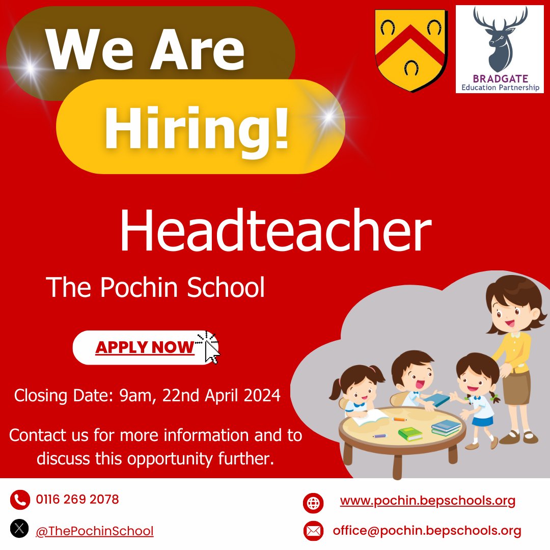 An exciting opportunity has arisen for someone to join Bradgate Education Partnership as the Headteacher at The Pochin School.

For more information visit eteach.com/job/headteache…
<a href="/ThePochinSchool/">The Pochin School</a>
#schoolleadership #headteachers #careermove