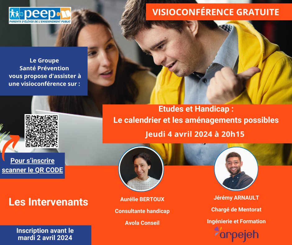 FederationPEEP's tweet photo. 📢Inscrivez-vous au prochain rendez-vous avec @FederationPEEP- jeudi 4 avril 2024 à 20h15 pour un webinaire sur : Etudes et Handicap : Le calendrier et les aménagements possibles.Inscription https://t.co/7fUrBrj4O3 ou en flashant le QR CODE #education #handicap @arpejeh https://t.co/ktI0O9QiPe