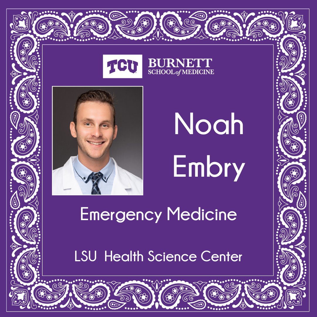 Congratulations to @NoahEmbrydoc who matched in Emergency Medicine at @LSUHS in Shreveport, LA!

#EmpatheticScholar #LeadOnTCU #MatchDay #MatchDay2024 #Medical #MedicalSchool #MedicalEducation #Residency #EmergencyMedicine