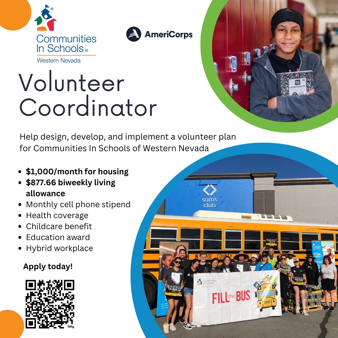 Help develop and implement a volunteer plan for CIS of Western Nevada! The @AmericorpsVista Volunteer Coordinator position offers a monthly housing allowance, bi-weekly living allowance & more! Apply at bit.ly/4cqXRXN. #Hiring