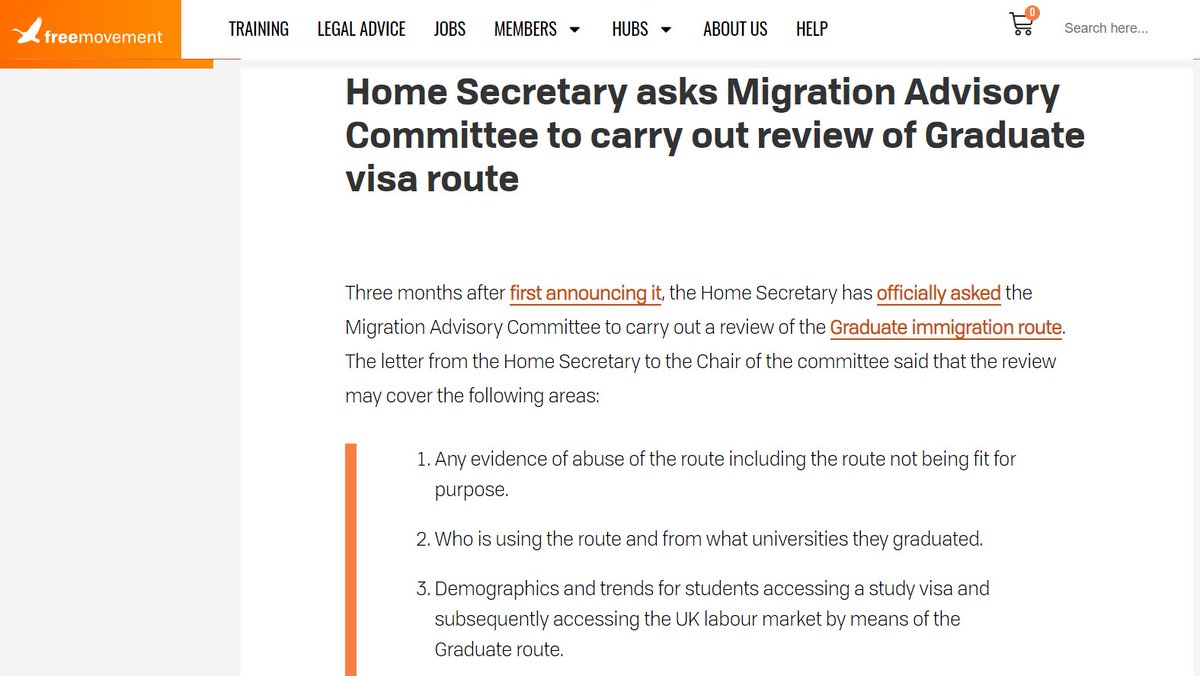Via @freemovementlaw Home Secretary @JamesCleverly is reviewing the Graduate Visa Scheme, brought in 1 July 2021, after the previous post-study work visa was rescinded by @theresa_may in 2012. We've always said that this visa scheme is prone wherever the wind goes political. 🧵