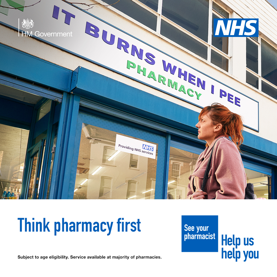 UTI? If needed, your pharmacist can now provide treatment and some prescription medicine without seeing a GP. Think pharmacy first. Find out more ➡️ nhs.uk/thinkpharmacyf…