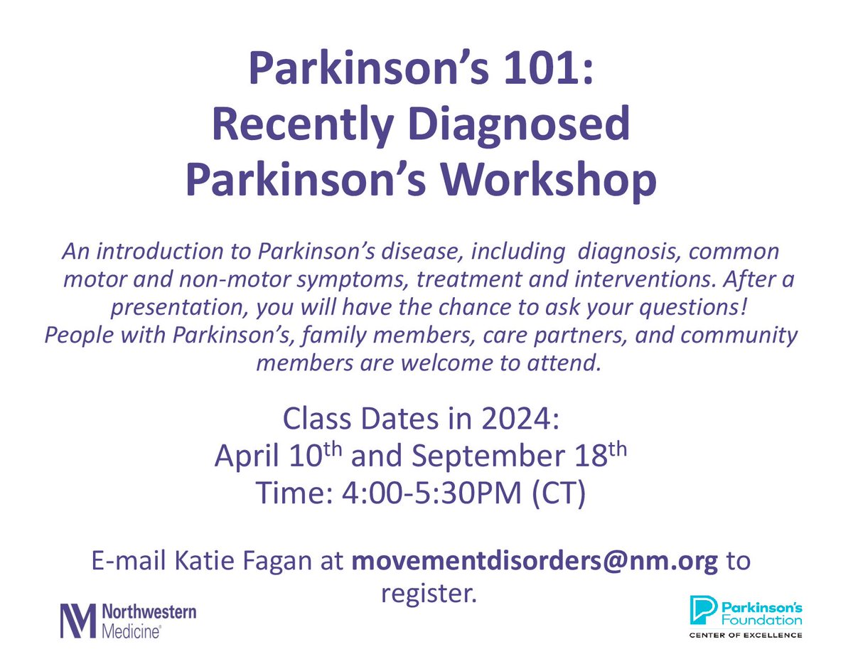Last call for PD 101: An Introduction to Parkinson's Disease on April 10th 4-5:30pm. Register at this link: lp.constantcontactpages.com/ev/reg/2snrkmp…