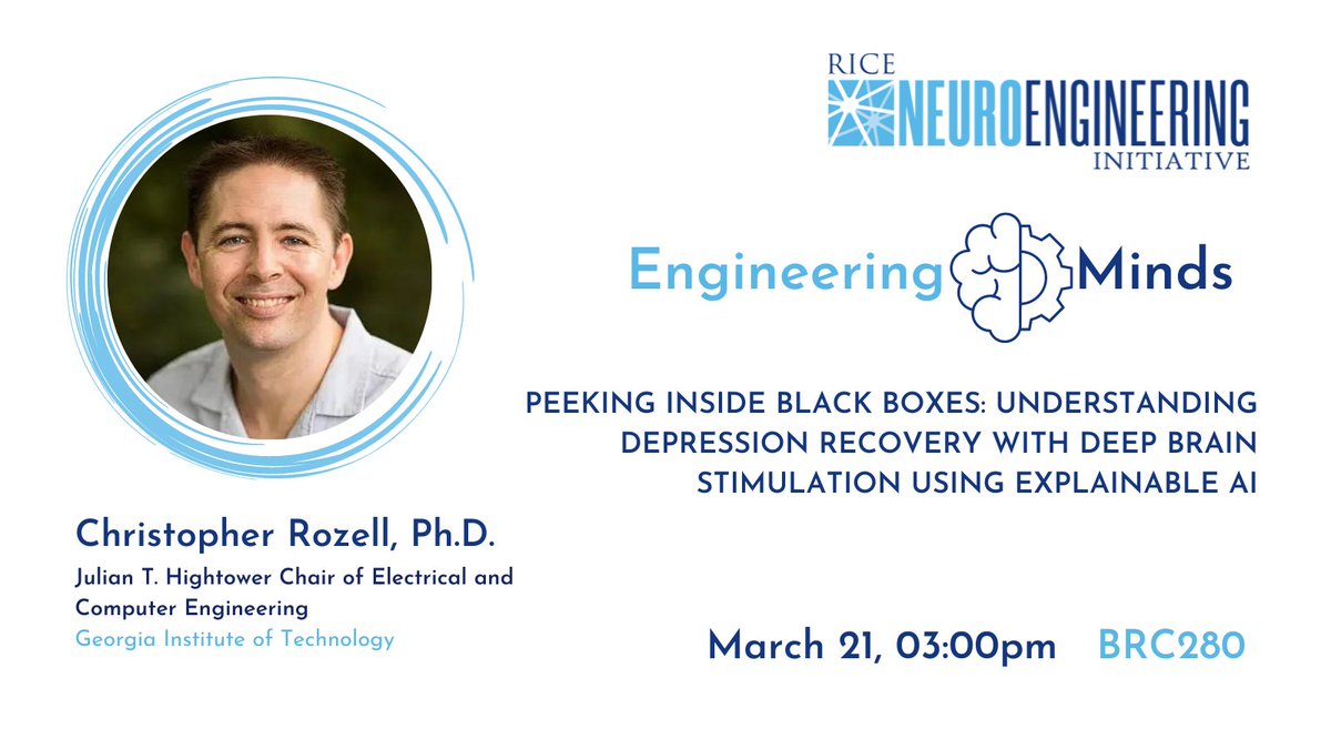 Thanks to Chris Rozell @crozSciTech for coming to @RiceNeuro this week to share his research with us. It is rare to hear a seminar that combines such size and scope with clarity of purpose and a passion that inspires. See you back in Houston for InterfaceRice 2024 next month!