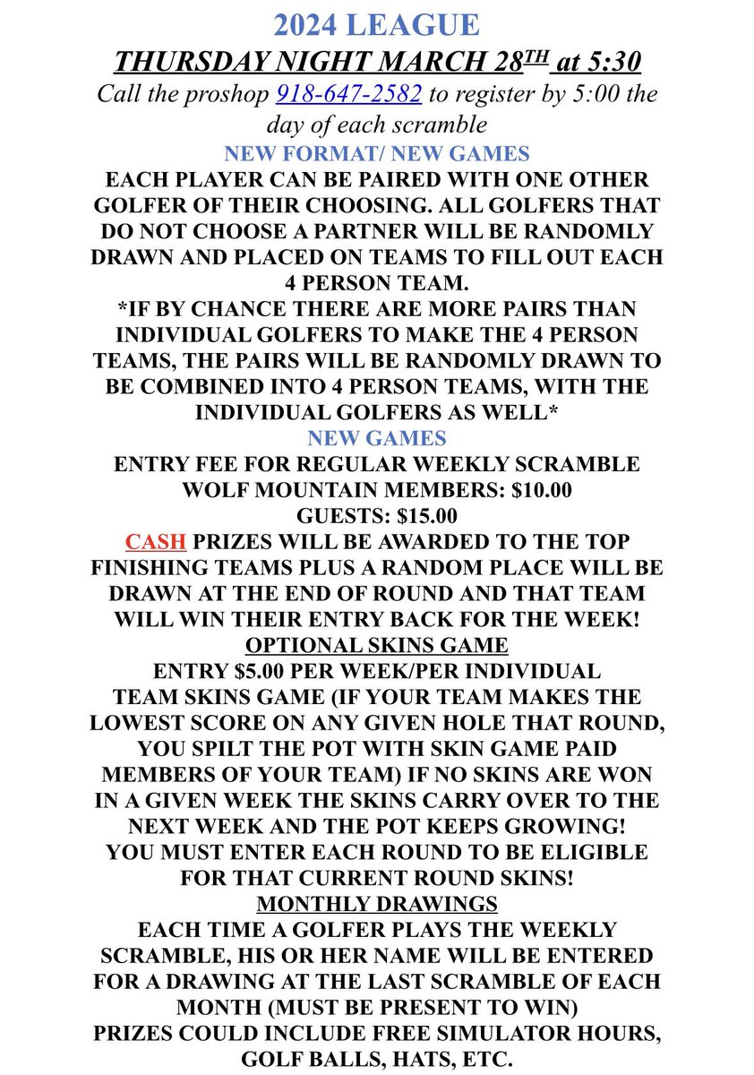 wolfmtngolf's tweet photo. I know everyone has been waiting on this one! It is time to start our 2024 League. Here is the format we will be using this year! We look forward to seeing everyone for some fun! https://t.co/o1h1YgyTnJ