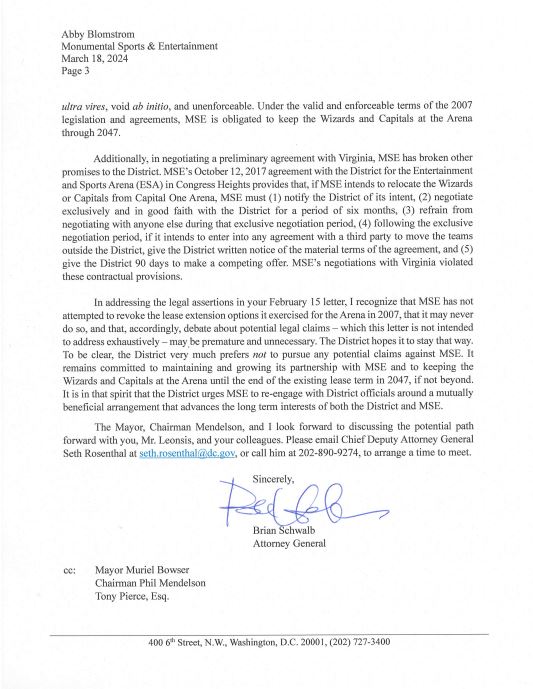 BREAKING: DC's attorney general told Monumental Sports on Monday they can't move the Washington Capitals and Wizards from DC until 2047, citing a 2007 bond/lease agreement. @DCAttorneyGen says Monumental can't break agreement even if they paid off bond debt early. @DCNewsNow