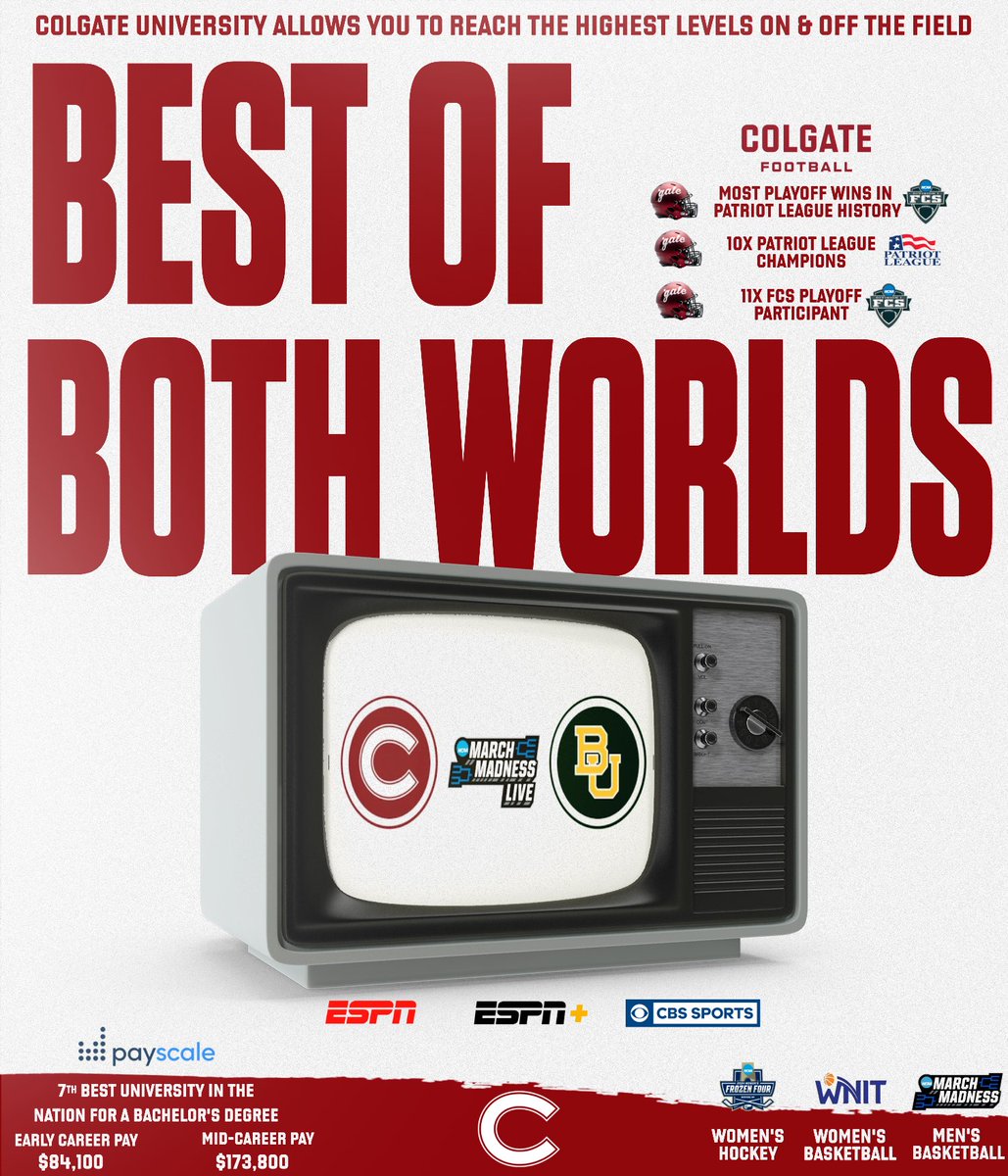 The difference is REAL…the @ColgateFB & @colgateuniv combination is SPECIAL! 🟥⬜️ ✅ Most Playoff Wins in league history ✅ 7th Ranked Undergraduate Degree ✅ $173,800 Mid-Career Pay ✅ Compete on the biggest stage #GoGate